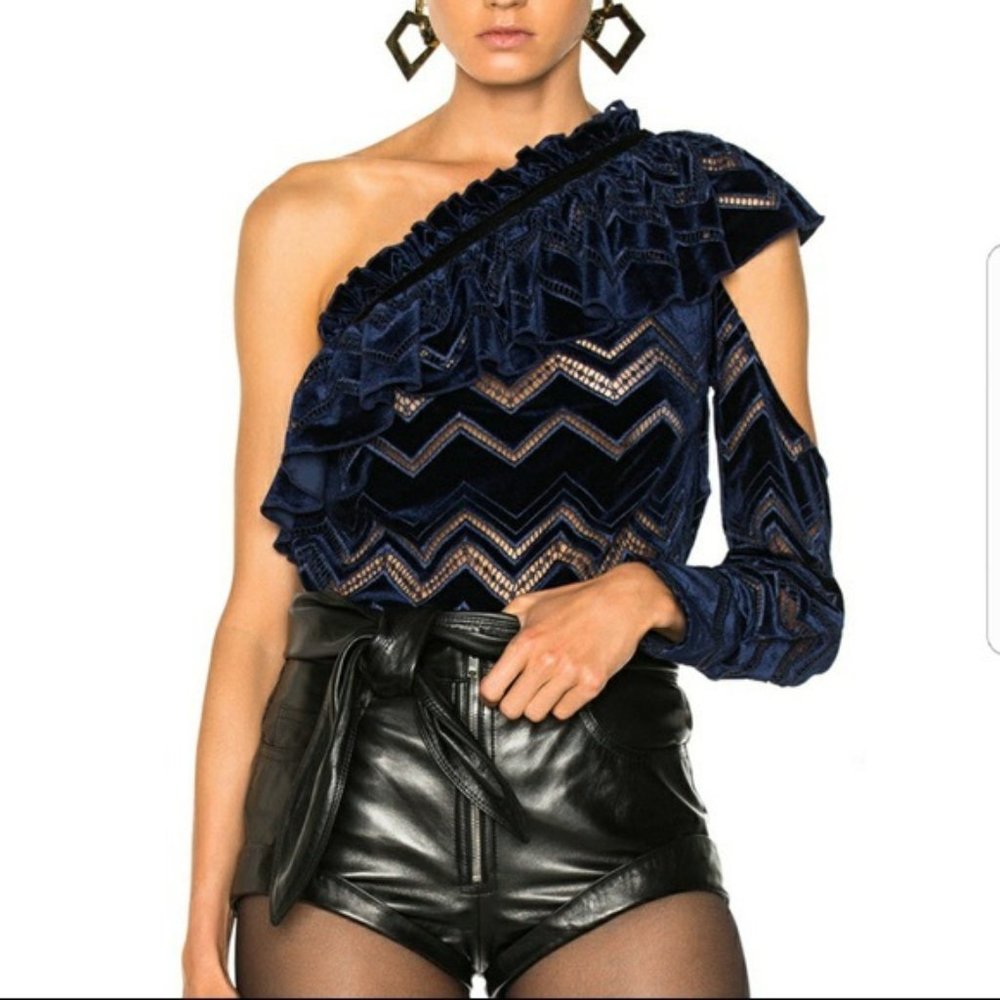 Self Portrait Zig Zag Velvet One Shoulder Blouse Top